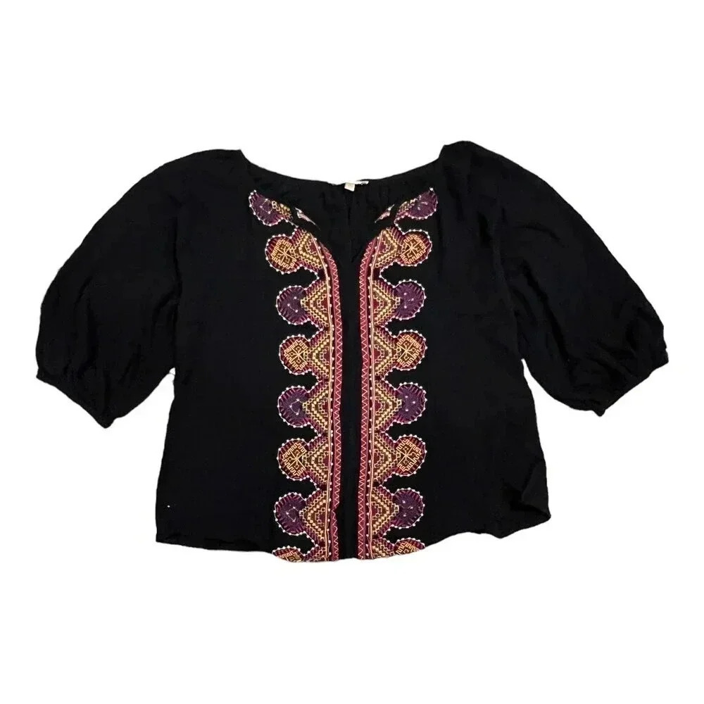 Skies Are Blue Black Embroidered Rayon Boho Blouse XS